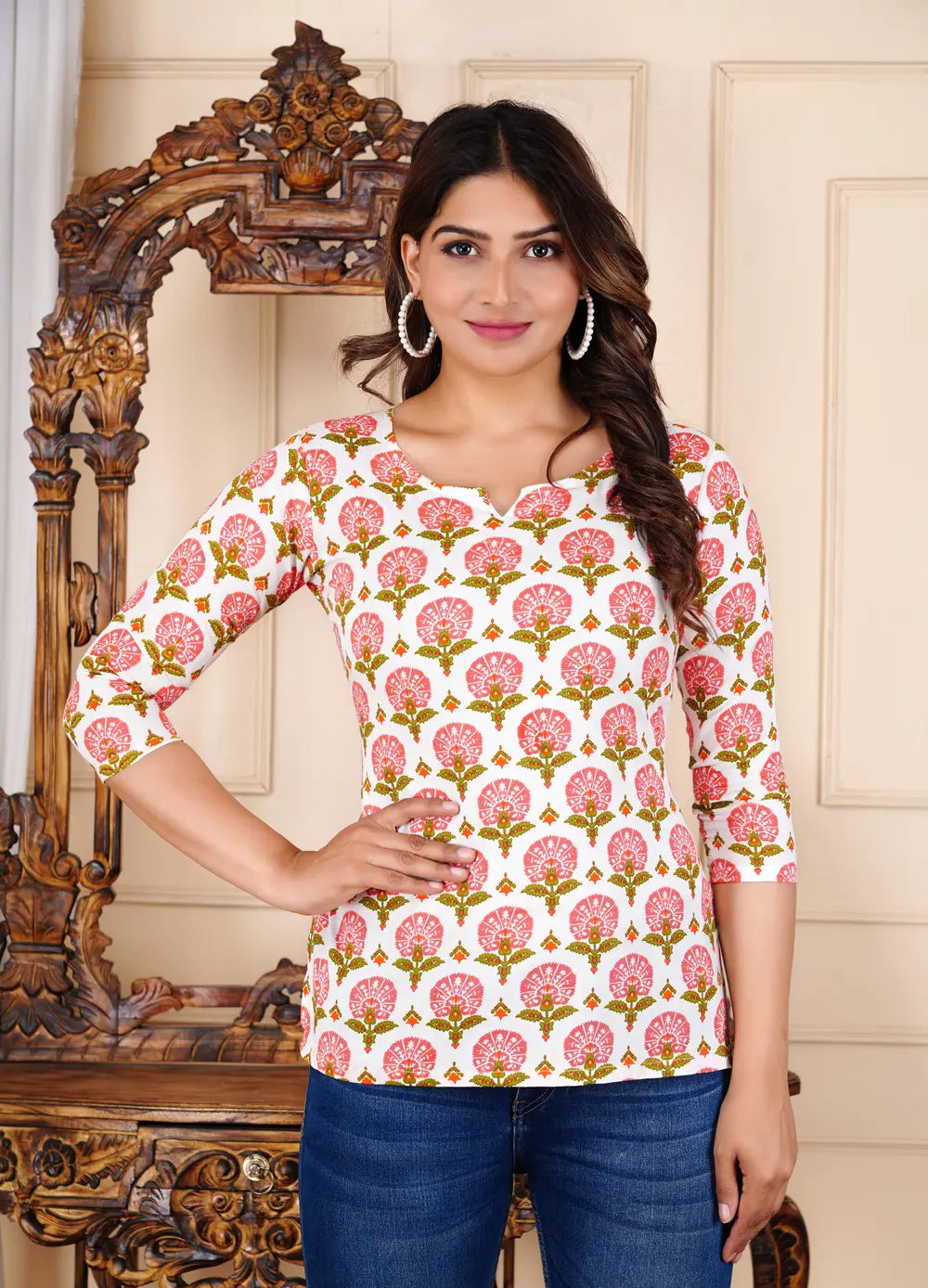 Notch neckline detail of white pink floral block print cotton top for women