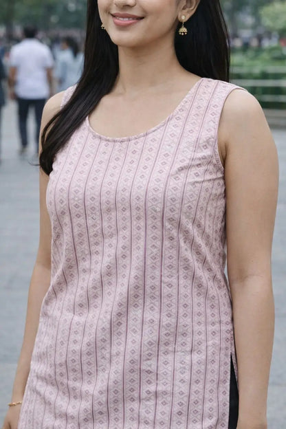 Close-up of diamond geometric ethnic print on pink cotton sleeveless kurti