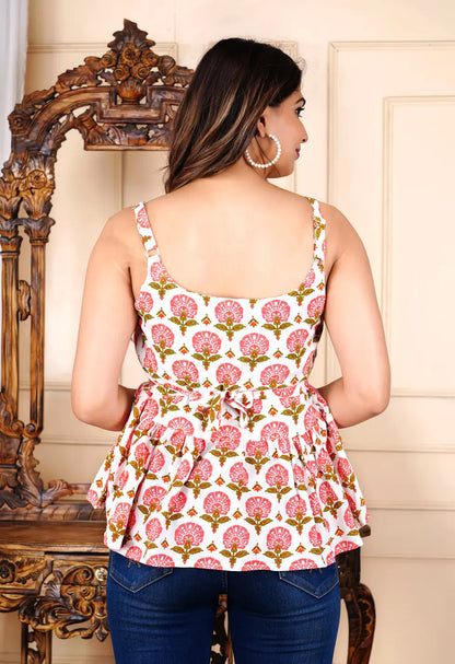 Women in white floral strappy peplum top — ethnic casual outfit India front view