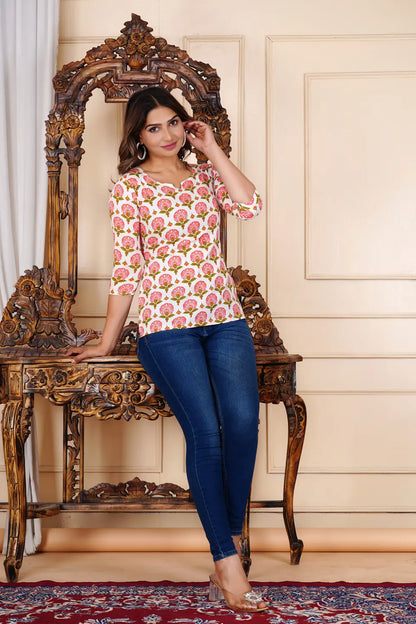Women's white floral cotton top 3/4 sleeve notch neck — comfort fit casual ethnic wear