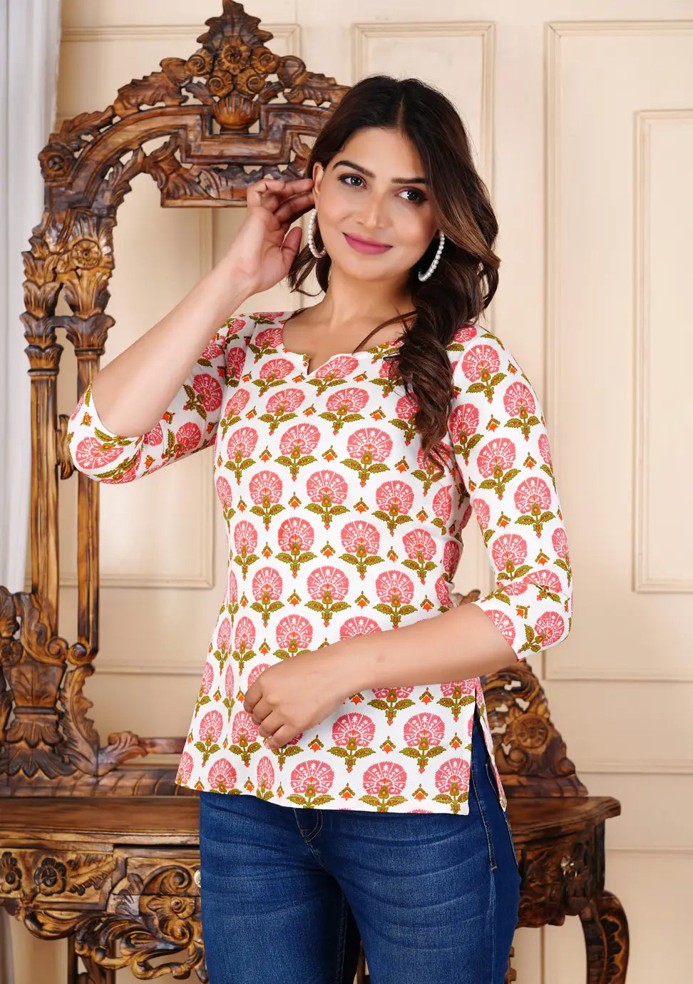 Women's white ethnic print notch neck top regular fit — casual daily wear India